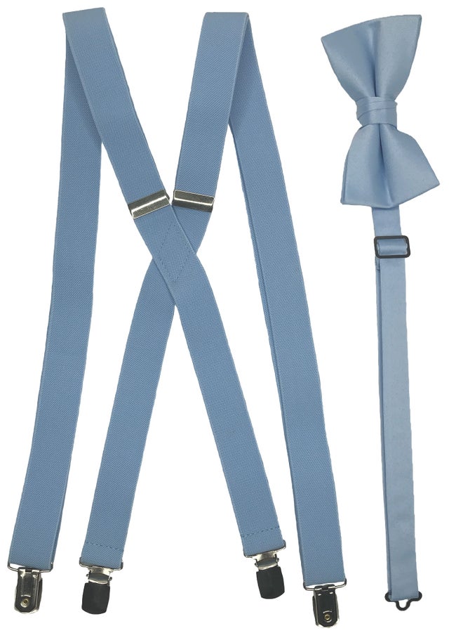 Dusty Blue Men's Suspender 1-Inch X Back With Matching Pre-Tied Bow Tie  Spencer J's Collection