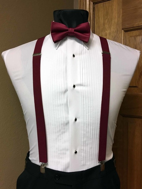 Burgundy/Wine Men's Suspender 1-Inch X Back With Burgundy/Wine Pre-Tied Bow  Tie Spencer J's Collection