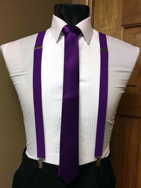 OOTD: CLASSIC BUTTON-DOWN SUSPENDERS  Purple dress shirt, White fitted  dress, Suspenders